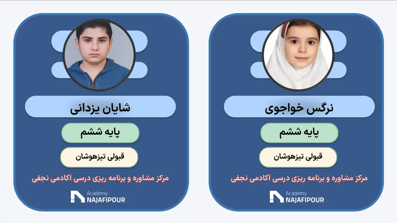 رتبه‌های برتر آزمون تیزهوشان و نمونه دولتی ششم مرکز مشاور تحصیلی آکادمی نجفی