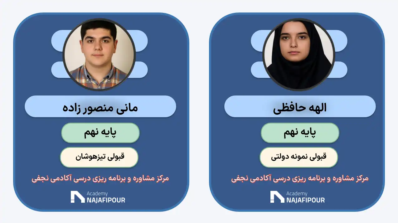 رتبه‌های برتر آزمون تیزهوشان و نمونه دولتی نهم مرکز مشاور تحصیلی آکادمی نجفی